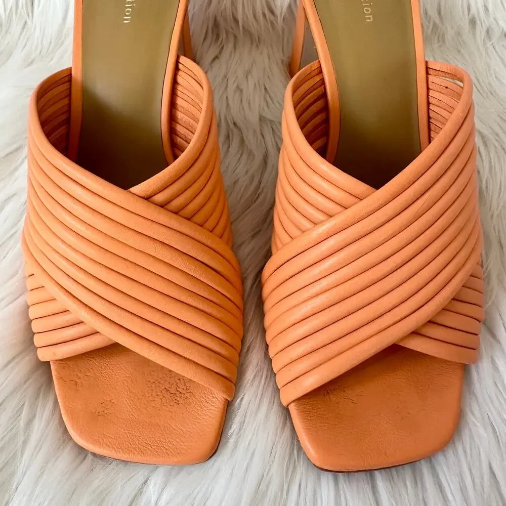 REFORMATION Lila Tubular Heeled Leather Sandals Mules Square Toe Block Heels - Picture 4 of 15